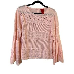 NWOT V Cristina Feminine Pink Long Bell Sleeve Eyelet Lace Top Blouse
